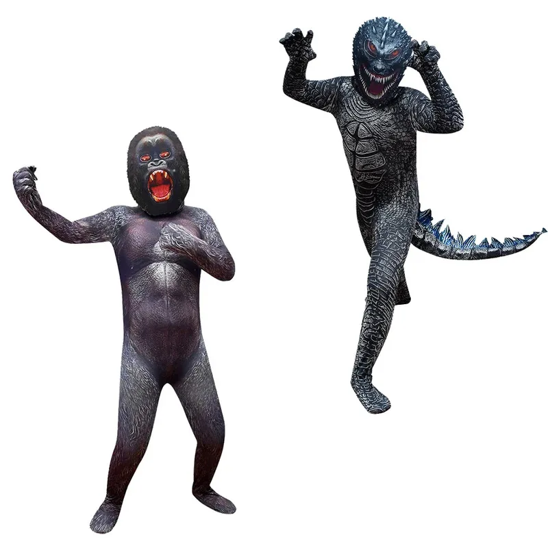 

l2025l New Cosplay Horrible Halloween Cosplay Costume for kids G-Godzillaa VS KKong jumpsuits + Headgear Monster Performance Gor