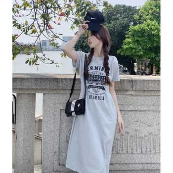 아메리칸 스타일 빈티지 캐주얼 드레스 여성 여름 새로운 패션 지방 Mm 슬리밍 중간 길이 티셔츠 스커트 커버 