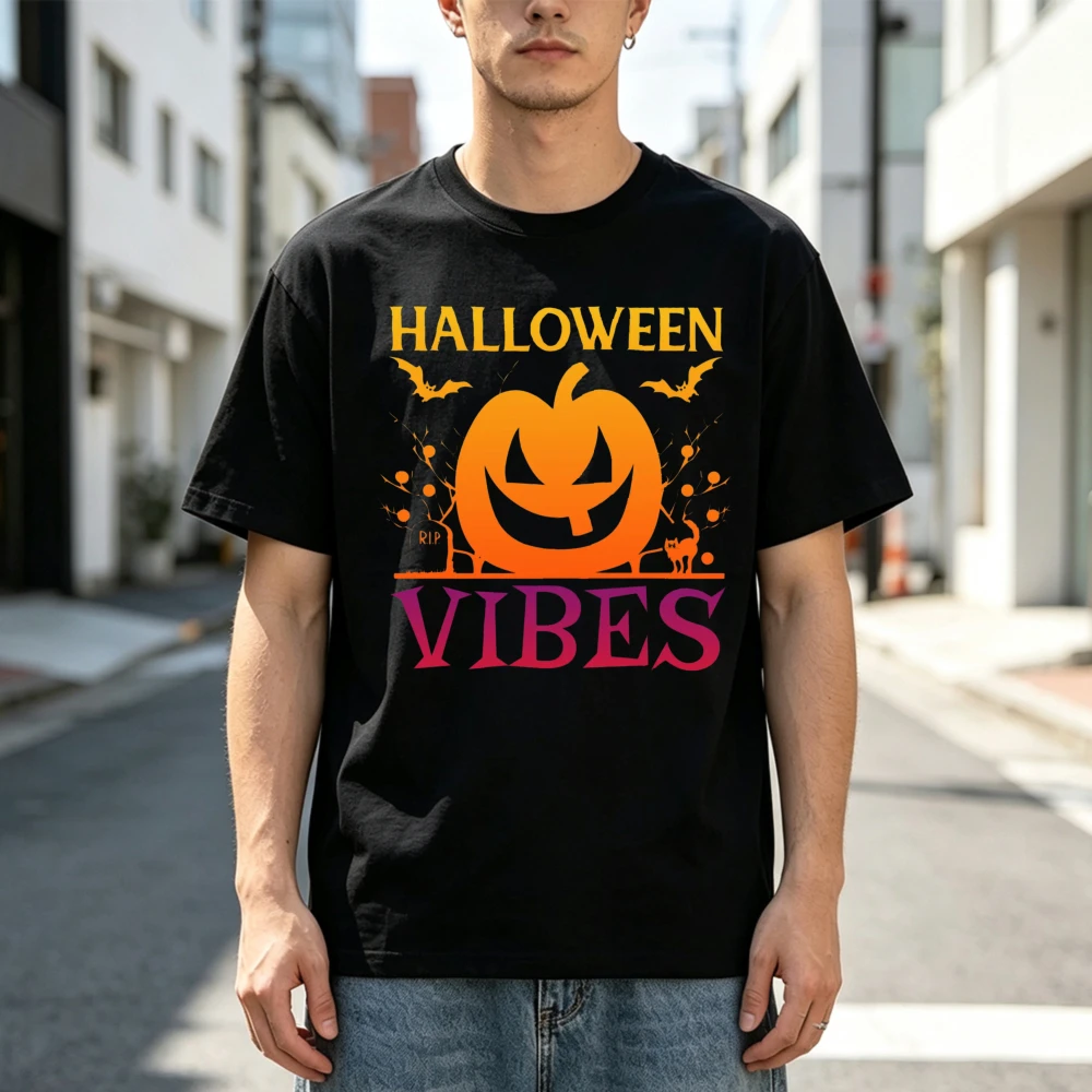 Retro Autumn Winter Halloween Vibes Pumpkin Bats Cute Spooky Cotton Short Sleeve TShirt Ghost Dia De Los Muertos Men Women Shirt