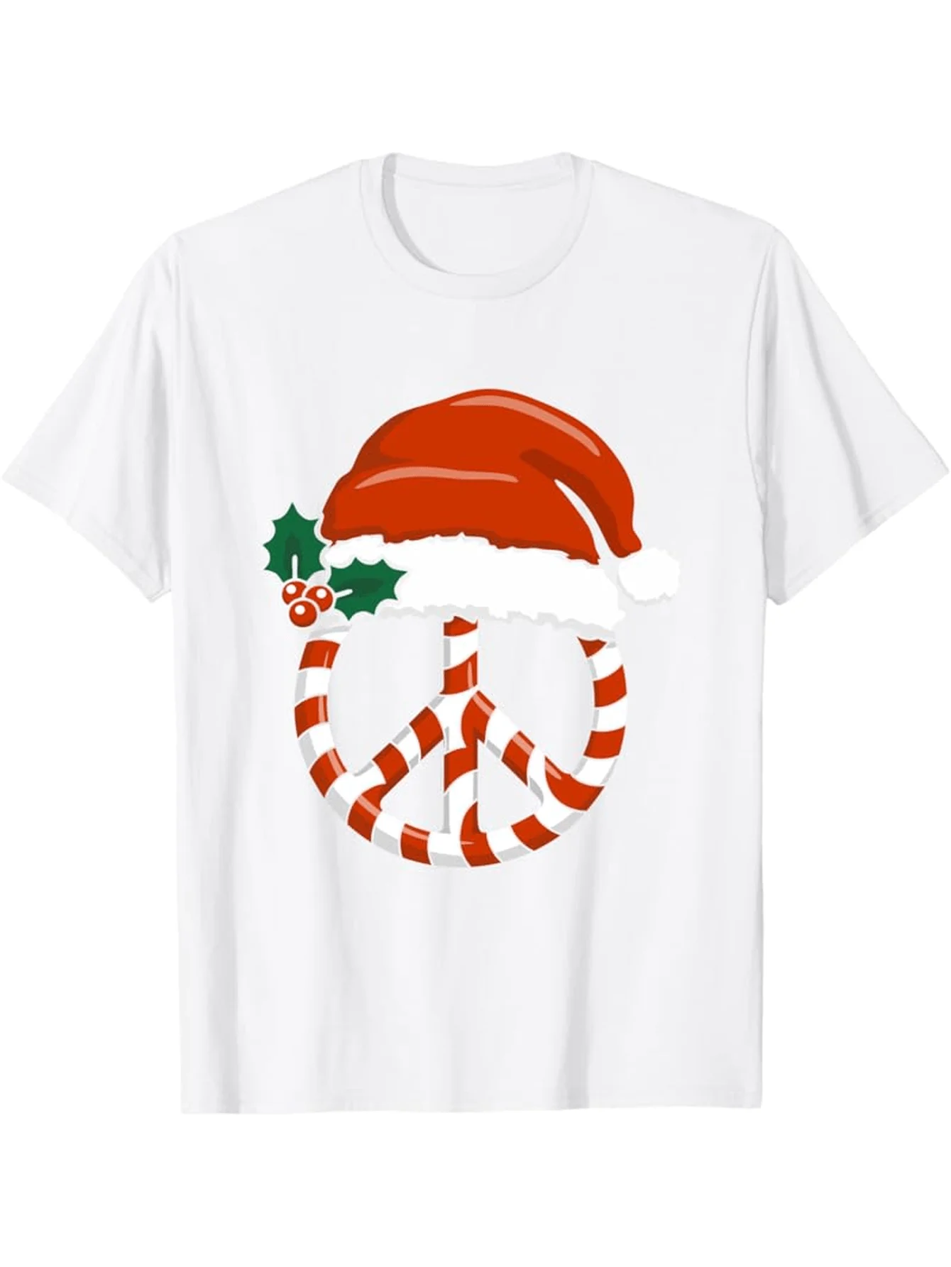 قصب الحلوى وقبعة عيد الميلاد مع طباعة أمامية، تي شيرت رجالي بأكمام قصيرة
