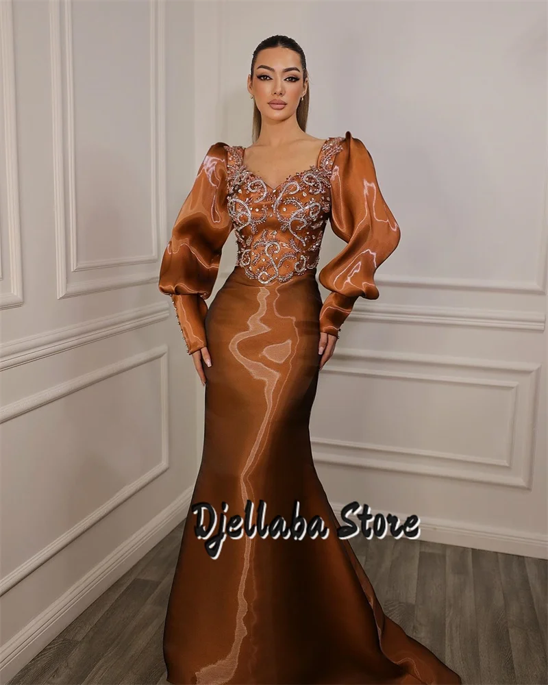 

Luxury Muslim Luxury Beaded Evening Dresses 2025 Long Sleeve Satin Saudi Arabia Prom Dress Women Wedding Party Dress Customized