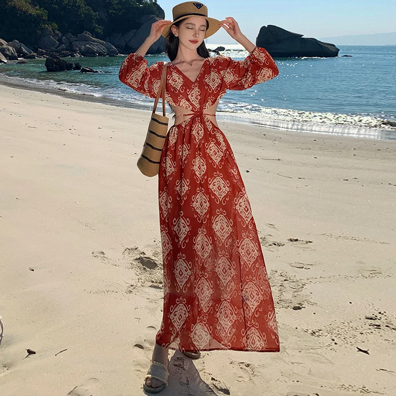 Beach Holiday Party Dresses Long Dresses Fashion Chic V Neck Backless Women's Dress Summer Print Dress Woman Clothing SL057