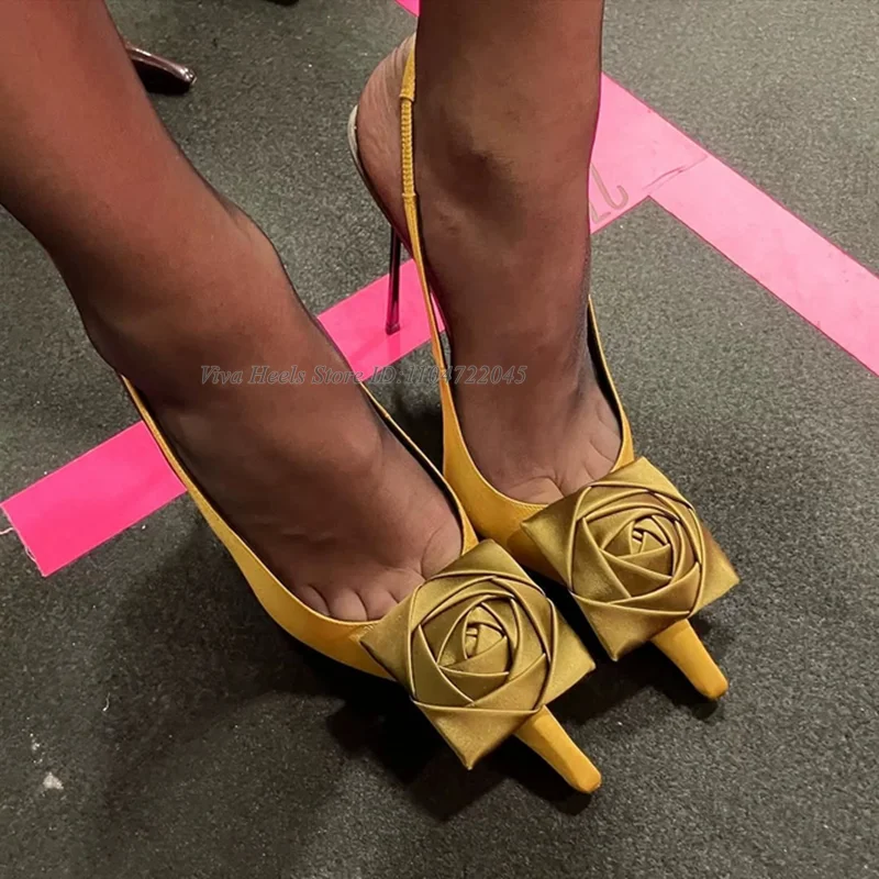 Rose Decor Pointed Toe Satin Pumps 2025 Summer New in Slingback Flower High Heels Luxury Designer Women's Party Sexy Shoes