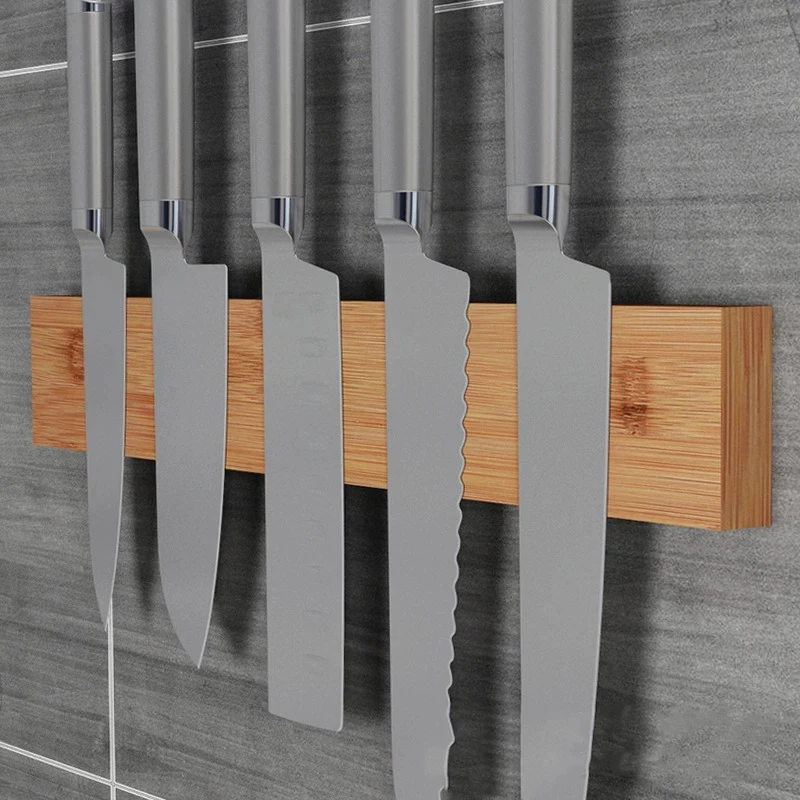 Powerful Magnetic Knife Holder Strip Wood Bamboo Kitchen Knife Rack Wall Mount Japanese Slicing Magnet Knives Block