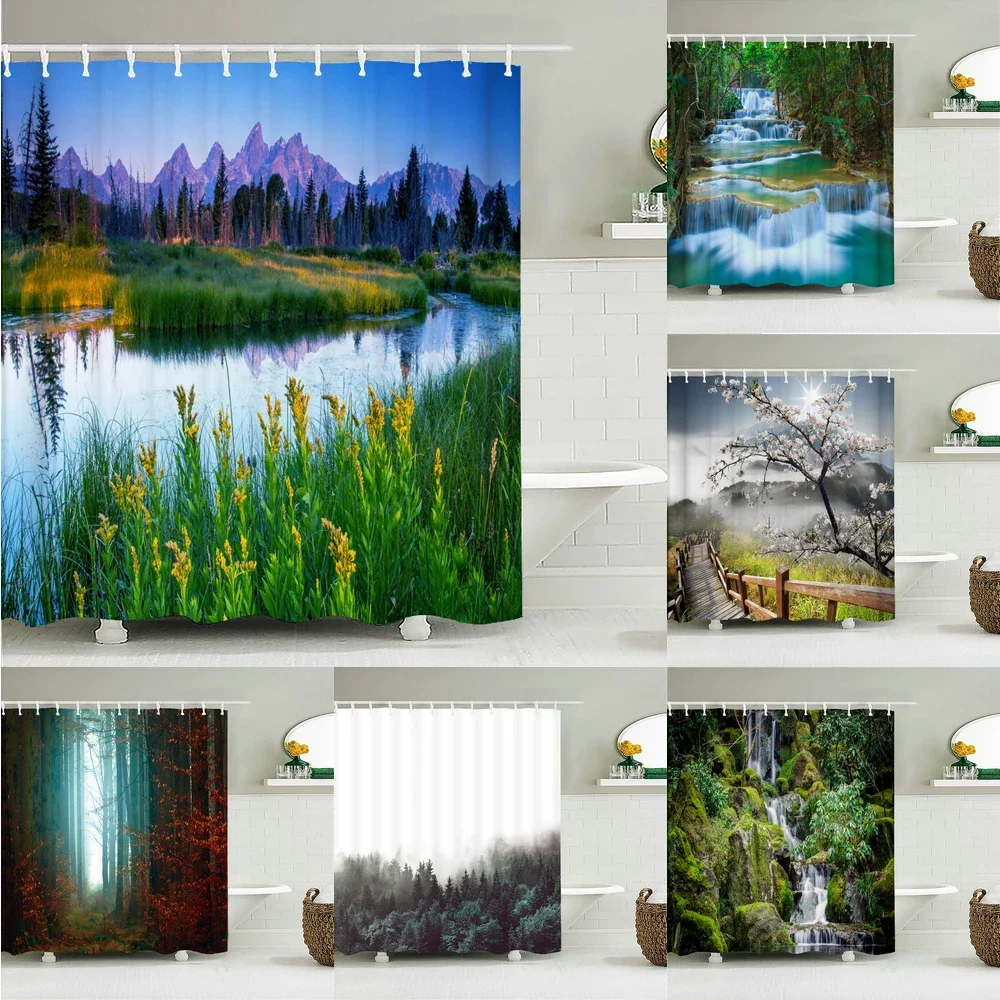 

Natural Scenery waterproof Fabric Shower Curtain Bathroom Curtains With Hooks 180X180cm landscape Bath Screen Home Decoration
