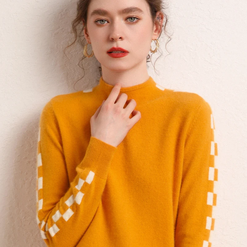 

Autumn Winter New Women's Pullovers 100% Cashmere Sweater Lady's Half High Collar Soft Warm Tops Female Slim Fit Knitted Jumper
