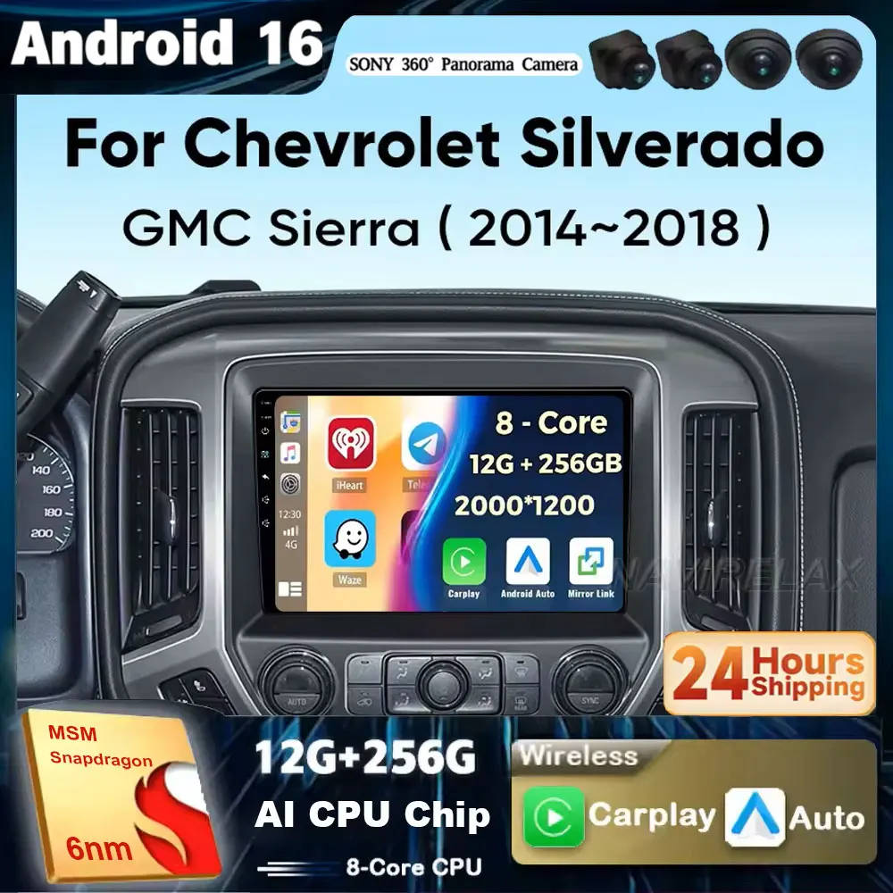 Car Radio For Chevrolet Silverado 3 GMTK2 2014-2018 Wireless Carplay Android16 Auto Navigation Car Stereo Multimedia Player