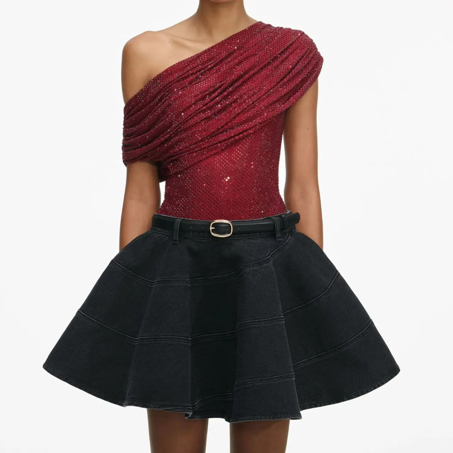 

Women Slanted shoulder fashion rhinestone red top