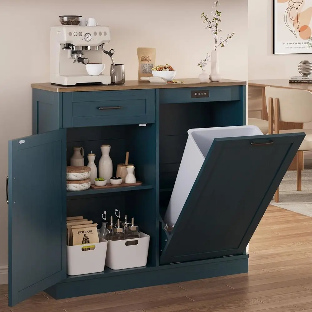 

Pull-Out Trash Cabinet, Kitchen Island Storage, Waste Bin Cabinet, Wooden Trash Can Cabinet, 10 Gallon Blue Dog Proof Trash Can