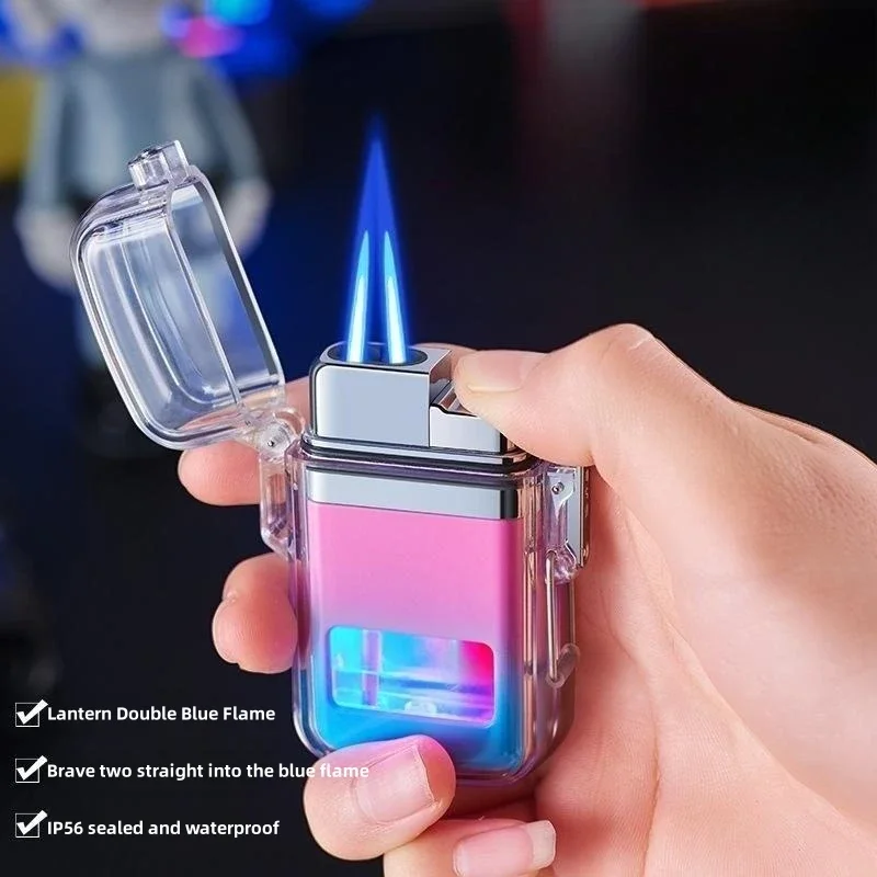 Transparent Waterproof Butane Gas Lighter, Outdoor Turbine Torch, Direct Flame, Men\'s Gift