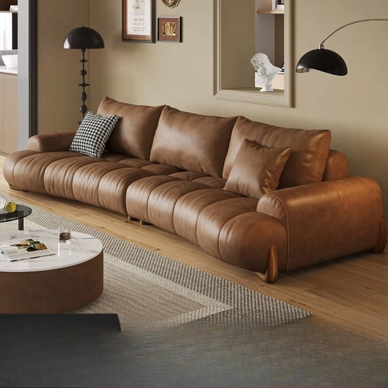 Italian minimalist curved leather sofa retro style modern simple living room first layer cowhide straight row