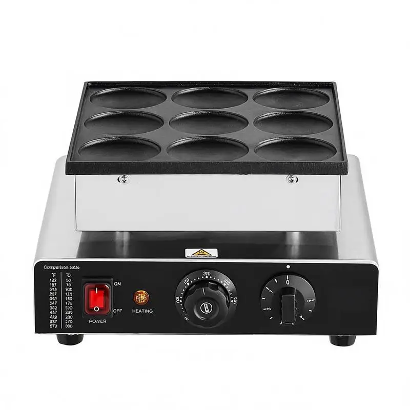 Máquina para Hacer Panqueques Holandeses, 9 Unidades, 76 mm de Diámetro, Máquina para Dorayaki, Parrilla Eléctrica Comercial de 850 W para Poffertjes, Acero Inoxidable Antiadherente, Control de Temperatura y Tiempo, para Cocina Casera, Restaurante, Bar de Snacks