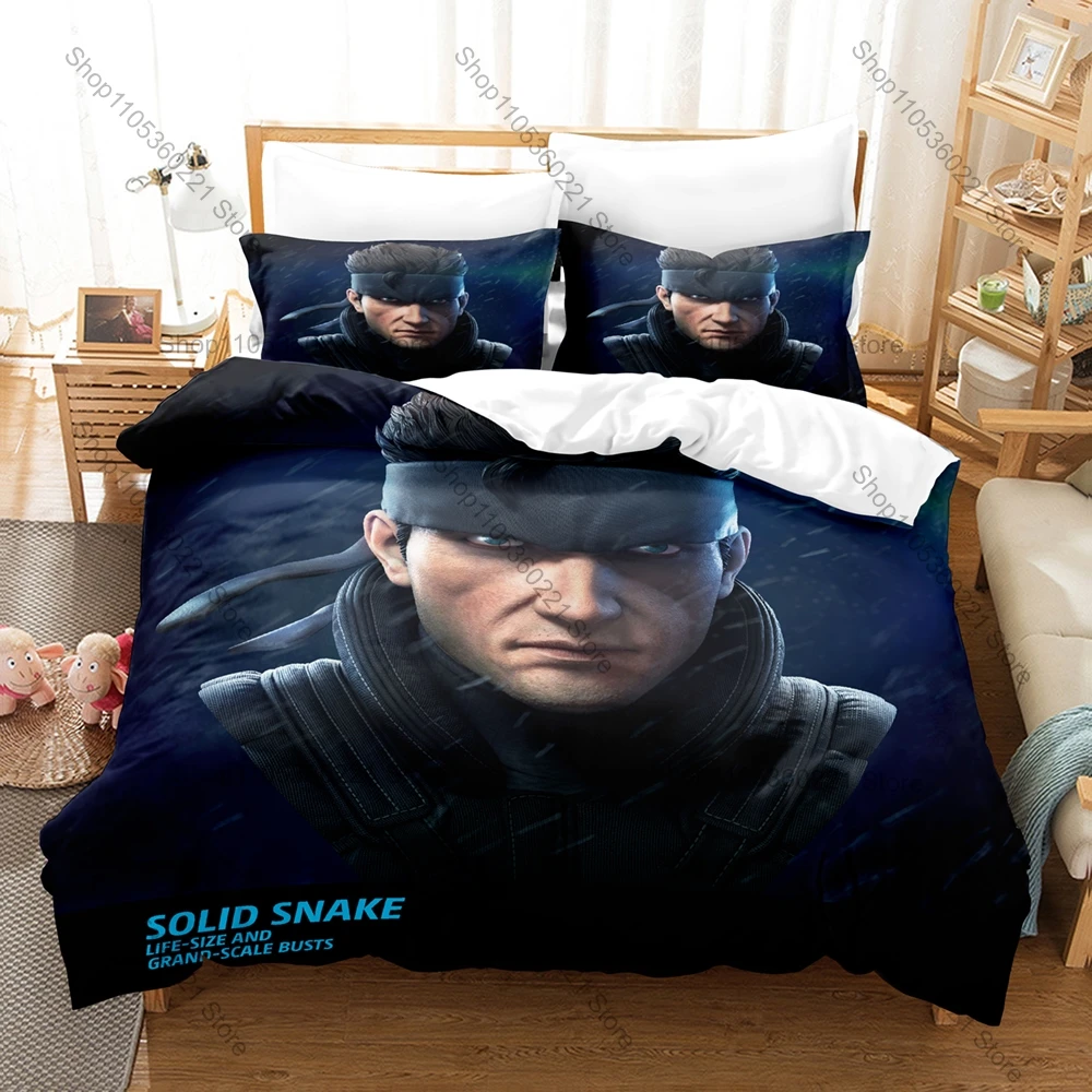 Cool Metal Gear Solid Solid Snake Duvet Cover + 2 Pillowcases Camo Solid Snake Tactical Graphic 3Pcs Zipper Quilt Cover Retro St