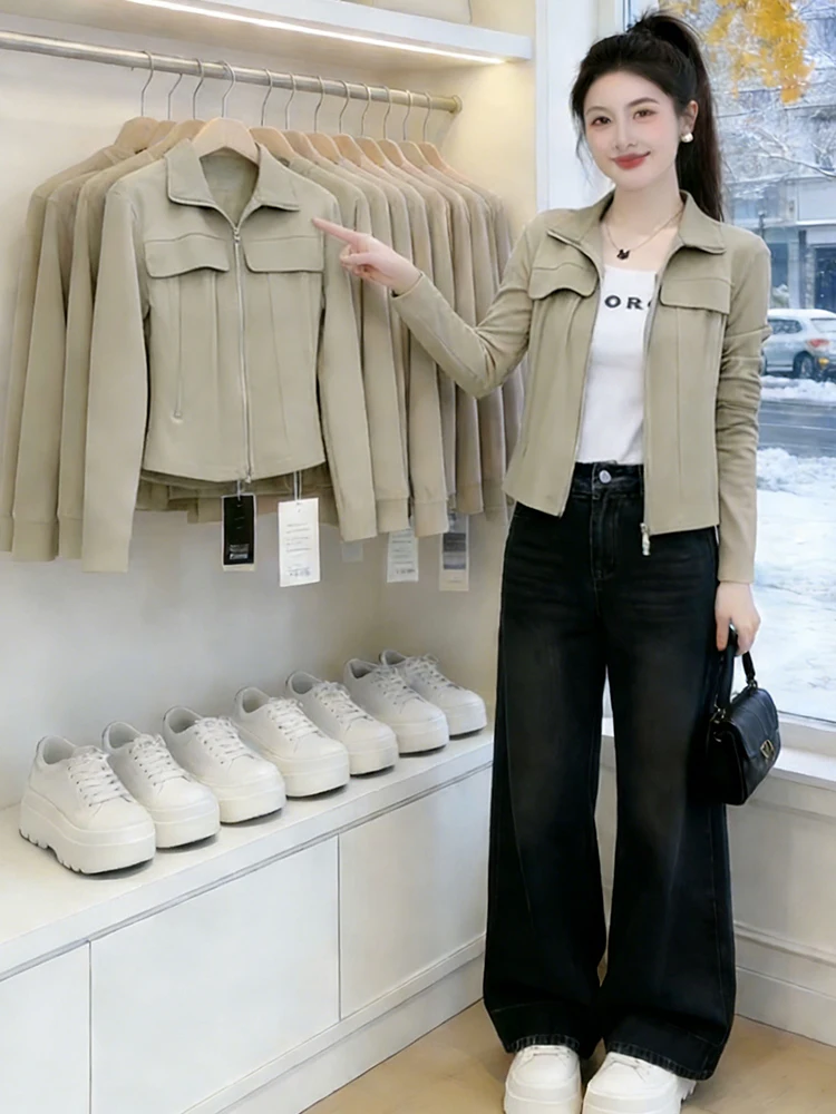 

Повседневная верхняя одежда: Новинка Весна 2026 – Элегантная женская куртка с отложным воротником и молнией, свободного кроя, для города