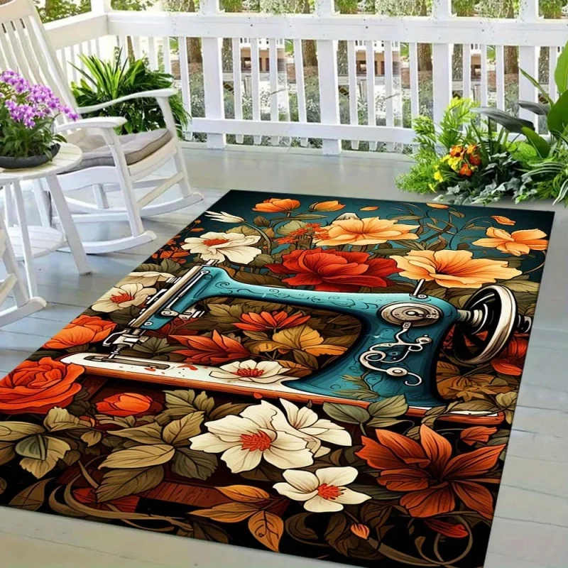 Vintage Sewing Machine Retro Floral Print Large Area Rug Soft Flannel Non Slip Floor Carpet for Living Room Farmhouse Home Decor