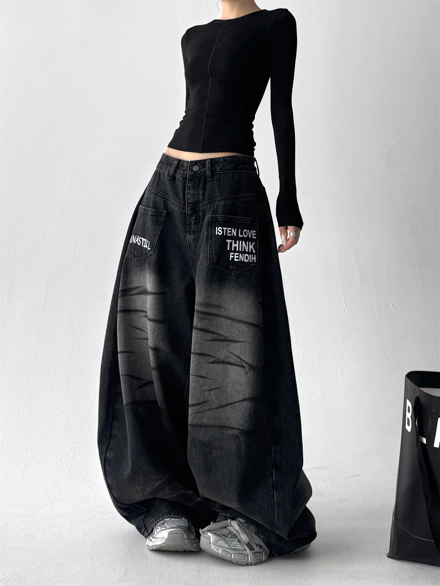 

Women's High Waist Wide Leg Black Jeans White Letter Print Vintage Washed Y2K Streetwear Loose Denim Trousers