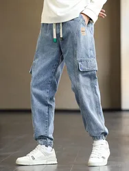 Plus Size Men's Cargo Jogger Jeans Hip Hop Streetwear Fake Pockets Stretched Cotton Casual Denim Pants Baggy Jean Trousers 8XL