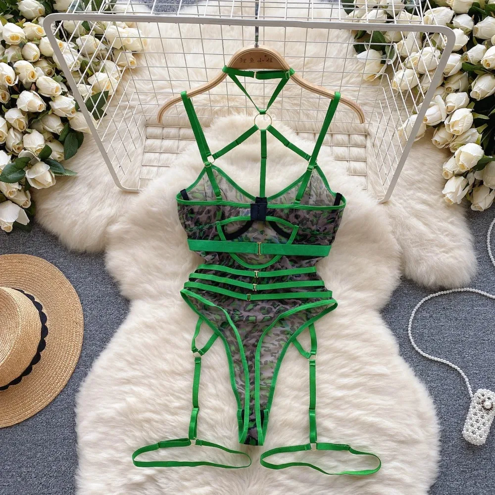 

Women Hotsweet Mesh Vintage Straps Bodysuits Chic Patchwork Jumpsuits Slim Hollow Out Top with Leg Rings See Through Clothing