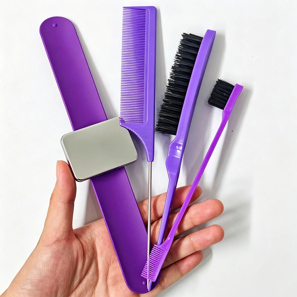 4-piece hairstyling tool set, including a magnetic wrist rest, edge brush, volumizing brush, and rat-tail comb—easy to use.