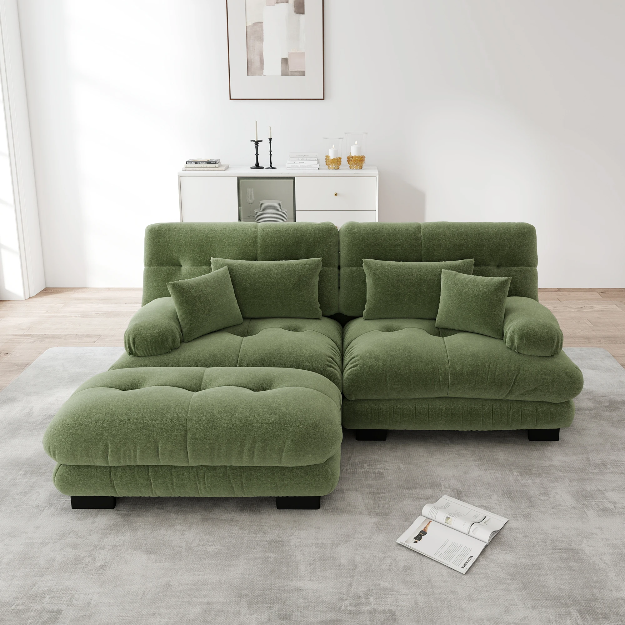 Grünes Chenille-Wolken-Ecksofa mit Ottoman, Breiten Armlehnen, 2 Lendenkissen & 2 Dekokissen, Gepolsterte Doppelcouch