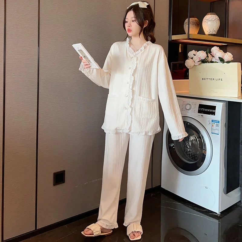 5XL Plus Size Cotton Pajamas Women Spring Fall Cute Thin Two-piece Suit Sweet Students Sleepwear Long Sleeve Loose Homewear