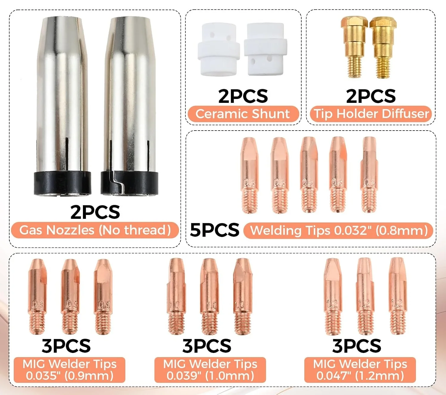 24pcs Brass MB24 MIG Welder Torch Kit M6 Contact Tip Gas Nozzle Ceramic Shunt Diffuser 0.8-1.2mm for MB24KD Metal Welding Repair