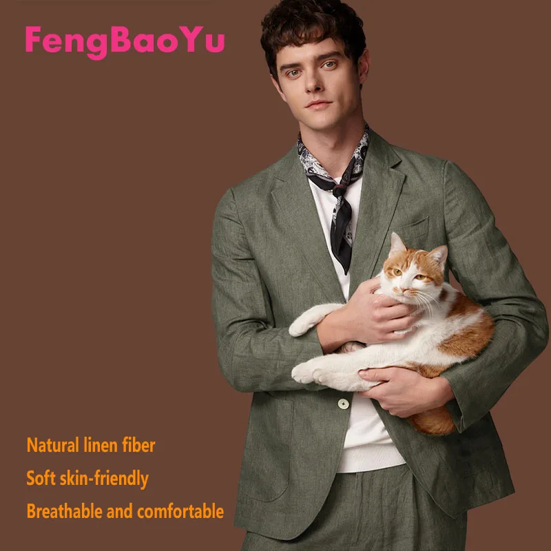 

Fengbaoyu Natural 100% Linen Men's Suit Simple Style, Elegant and Fashionable Outerwear for Business Casual Wear Spring Autumn