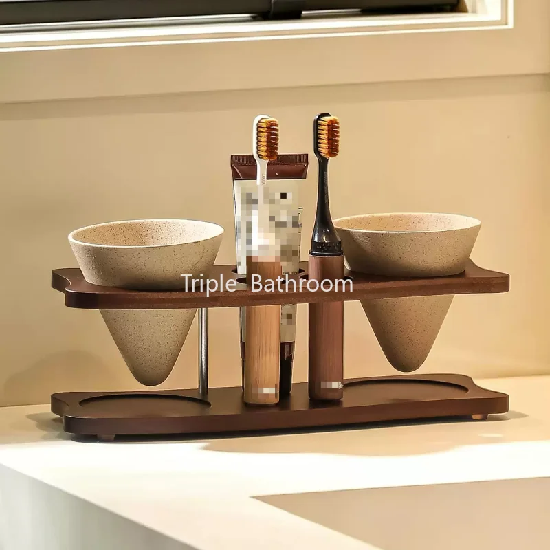 Wooden Toothbrush Storage Rack, Toilet Washbasin Storage Rack, Couple Ceramic Mouthwash Cup, Household Bathroom Accessories