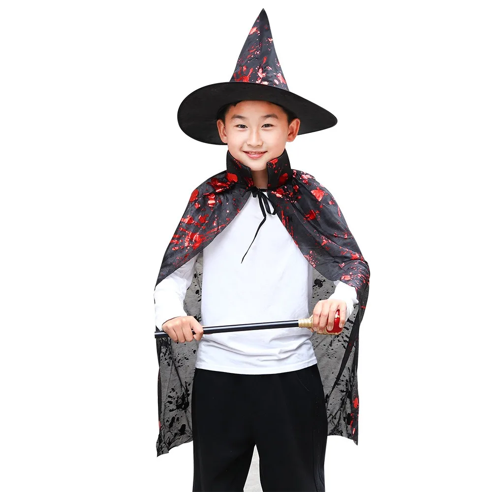 Blood Printed Witch Cloak Hat Set Cosplay Props Masquerade Halloween Blood Costume Costume Accessories Black Horror Cape Party