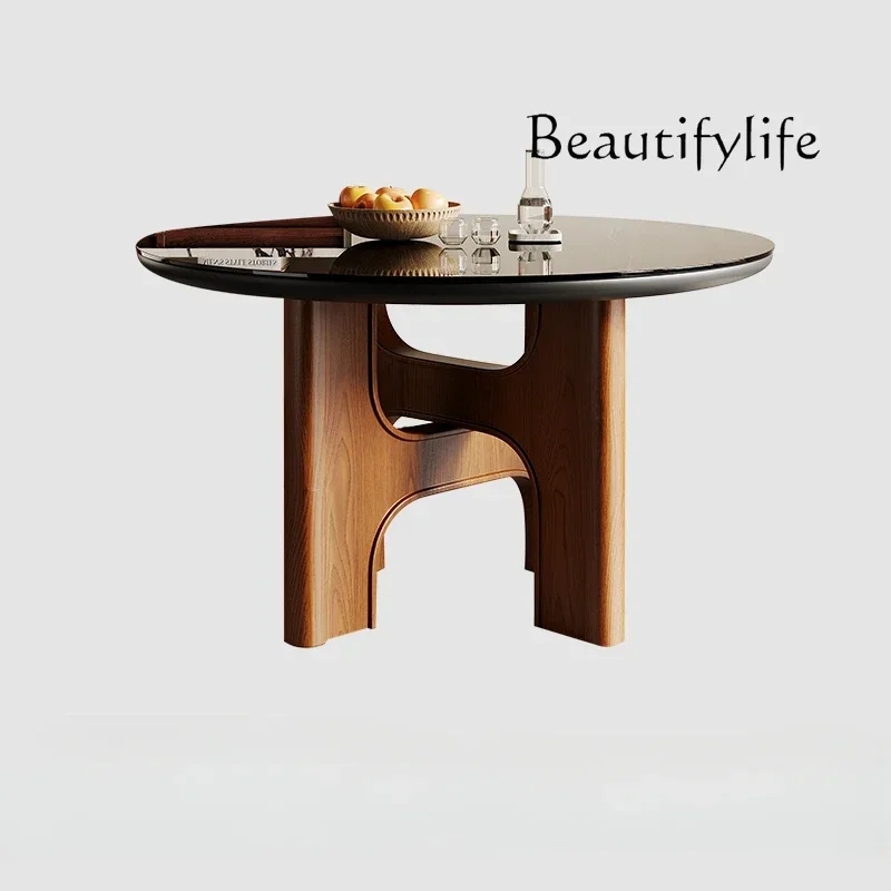 

Mid-Ancient Tempered Glass Dining Table and Chair Home French Retro Walnut Oak round Rice Table