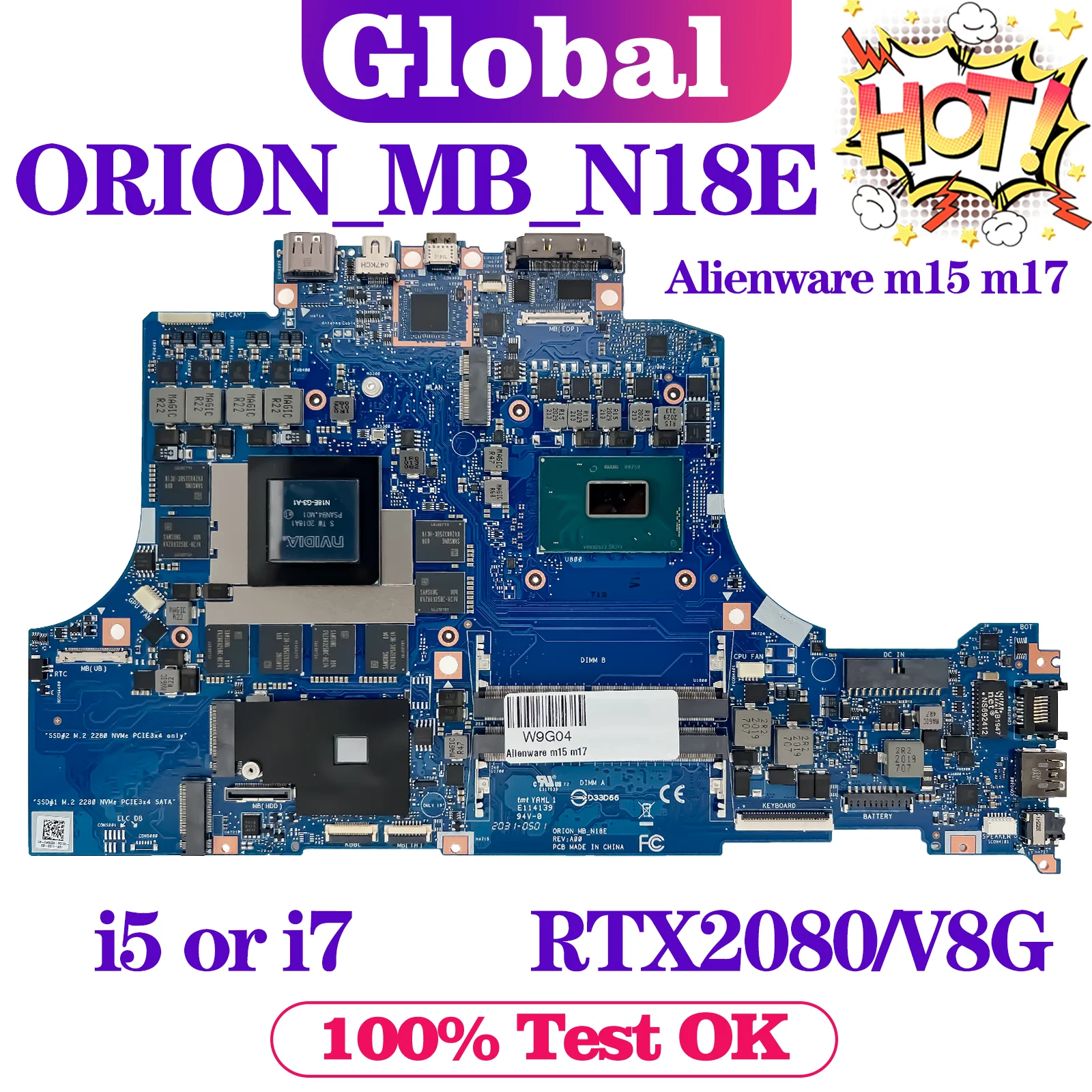 KEFU ORION_MB_N18E 메인보드, 델 앨리언웨어 M15 M17 노트북 마더보드 i5 i7 8 세대 RTX2080 V8G