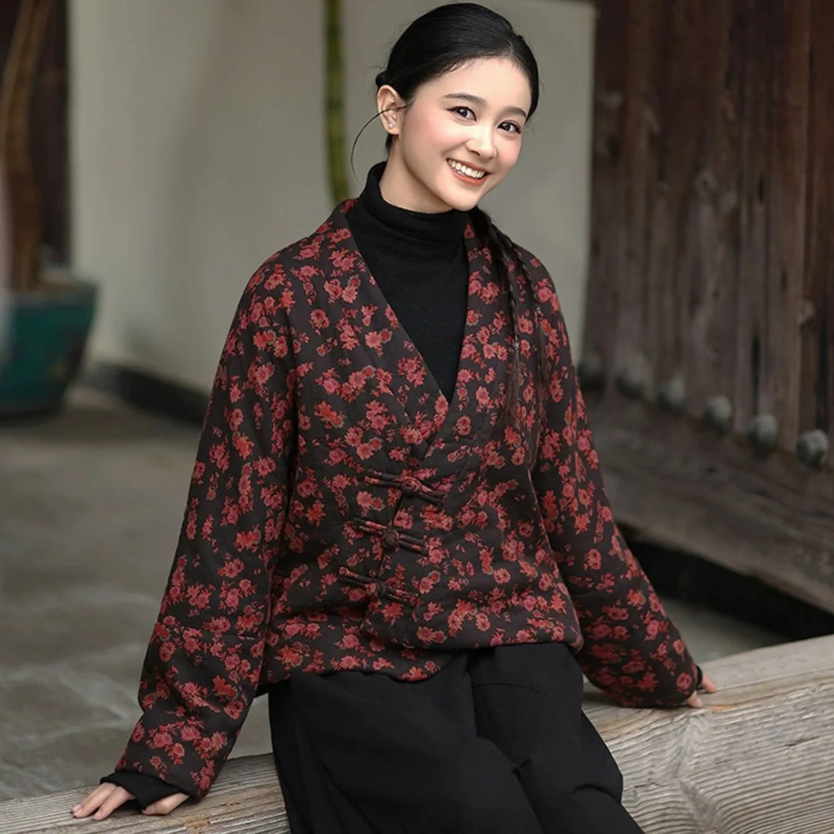 

Women's Winter Fleece Lined Kimono Short Jacket Cotton Linen Printed Open Front Button Vintage Chinese Hanfu Lrregular Outwear