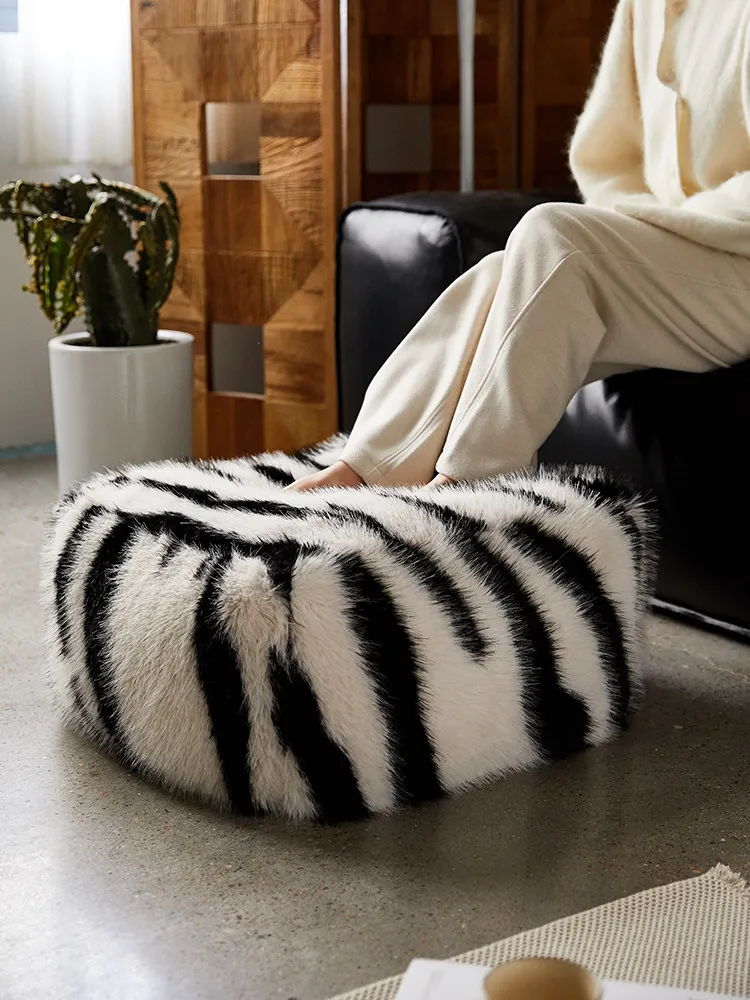Black‑White Panda Zebra Pattern Footstool Retro Detachable Washable Low Stool  Rest Home Live Room Bedroom Decor