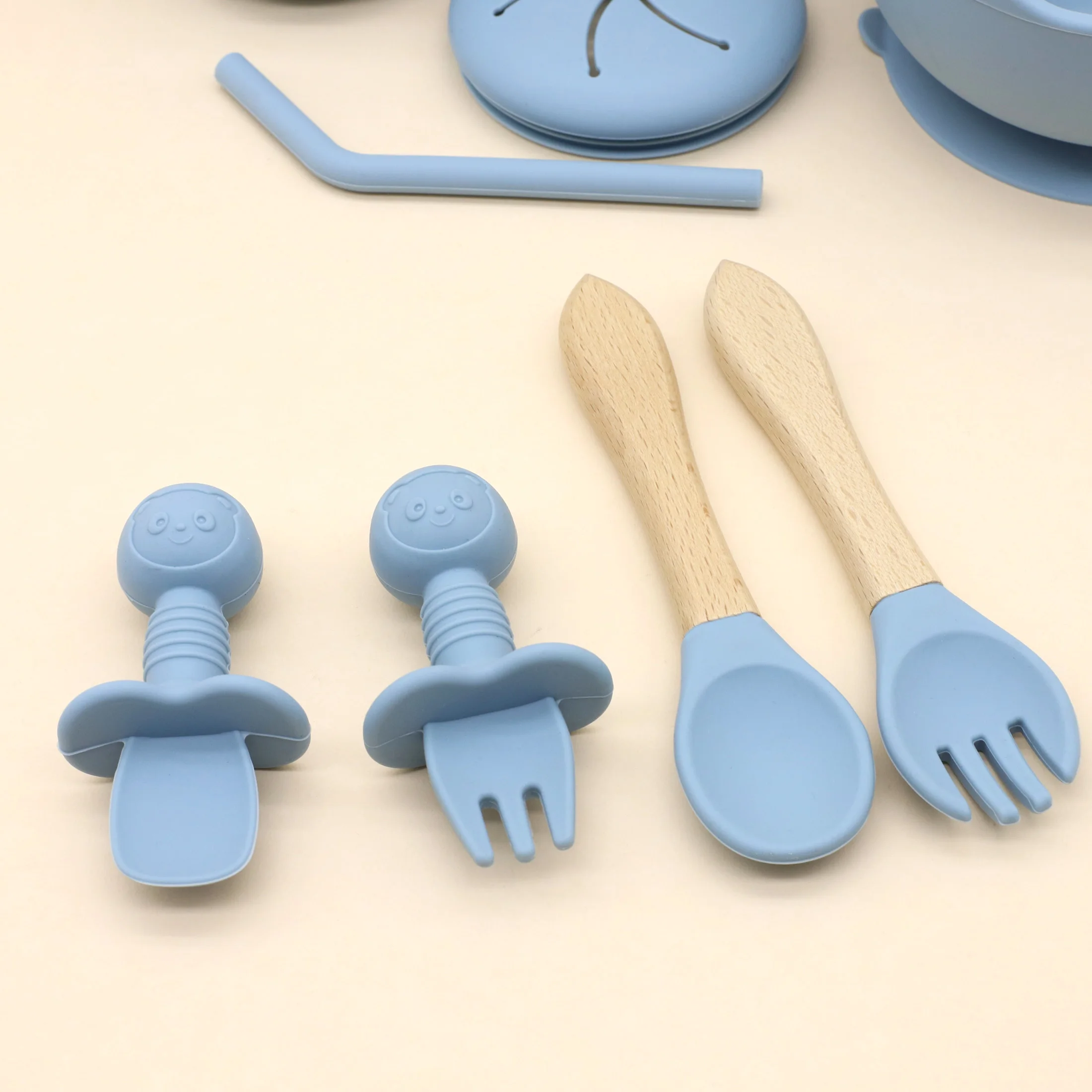 New food grade silicone tableware 11 piece set with bib, plate, bowl, straw, spoon, fork, snack cup