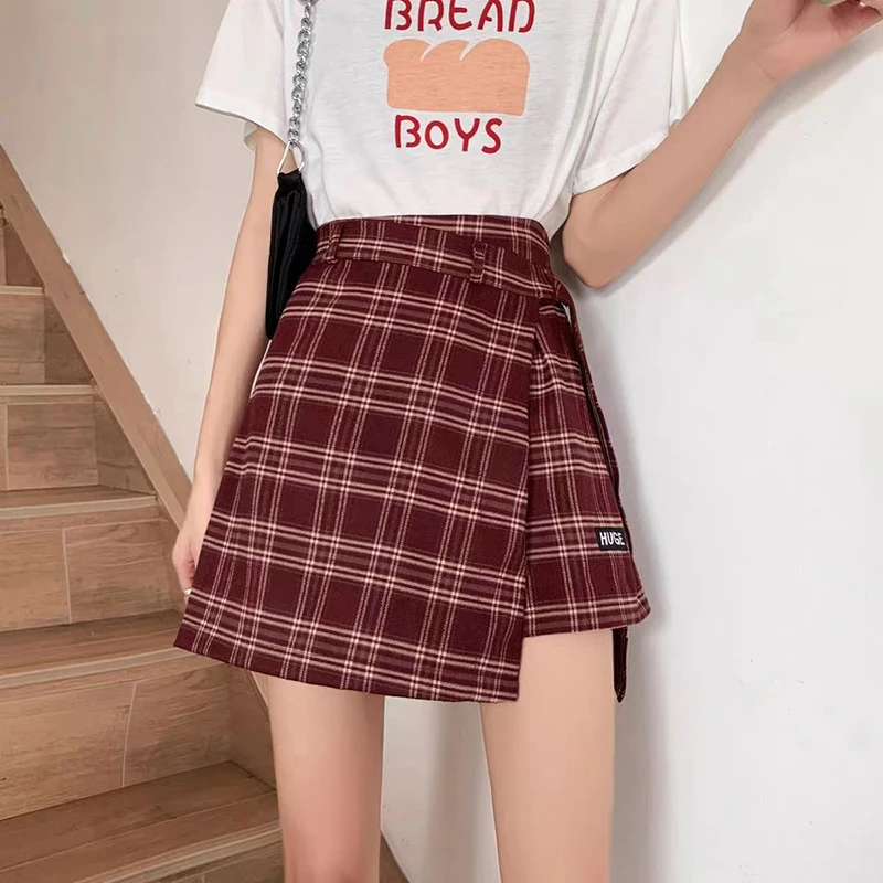 Fashion Printed Lace Up Plaid Irregular Fake Two Pieces Shorts Female Clothing 2024 Summer Loose Casual Zipper High Waist Shorts