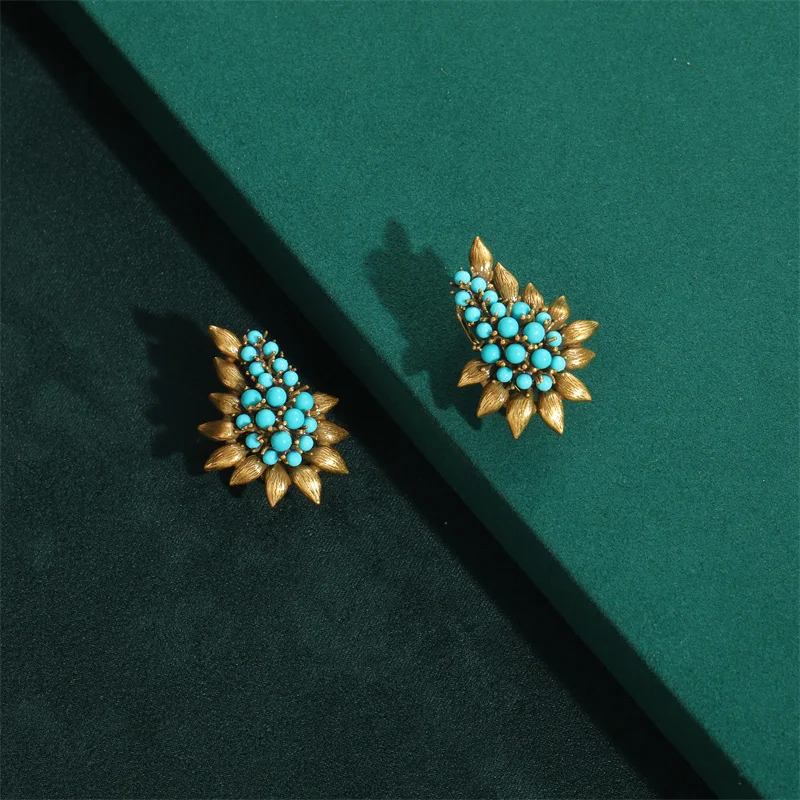 Vintage Beaded Sea Blue Natural Stones Tree Leaf Stud Earrings Antique Jewelry Bohemia Retro Luxury Party Bride Accessories 2024