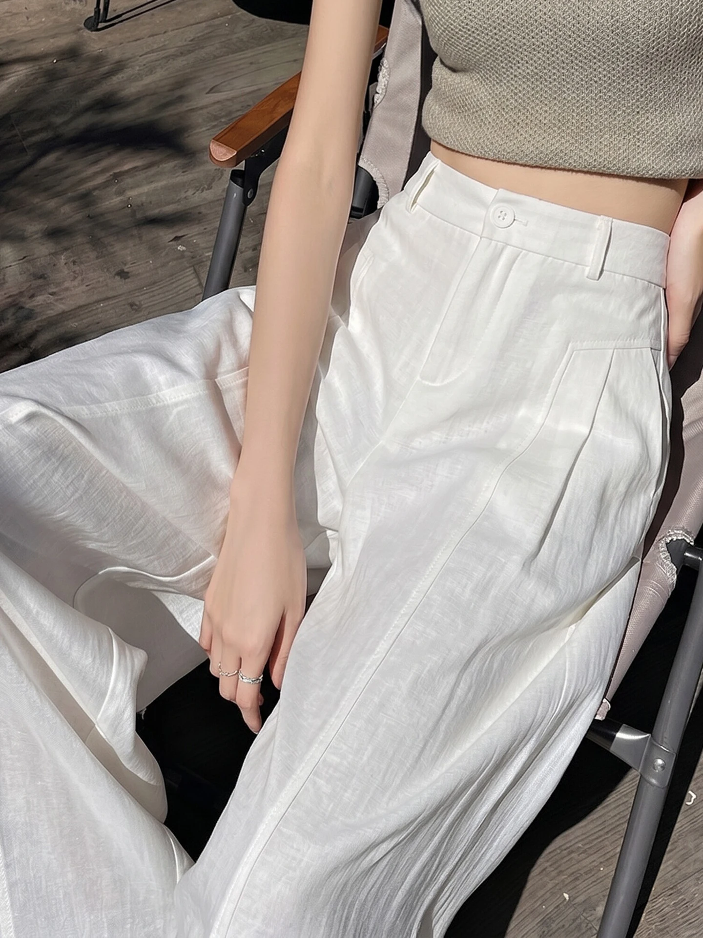 

Elegant White Straight Leg Pants Women's Summer Thin High Waist Slimming Loose Ice Silk Wide Leg Pants Commute Style Korean F...