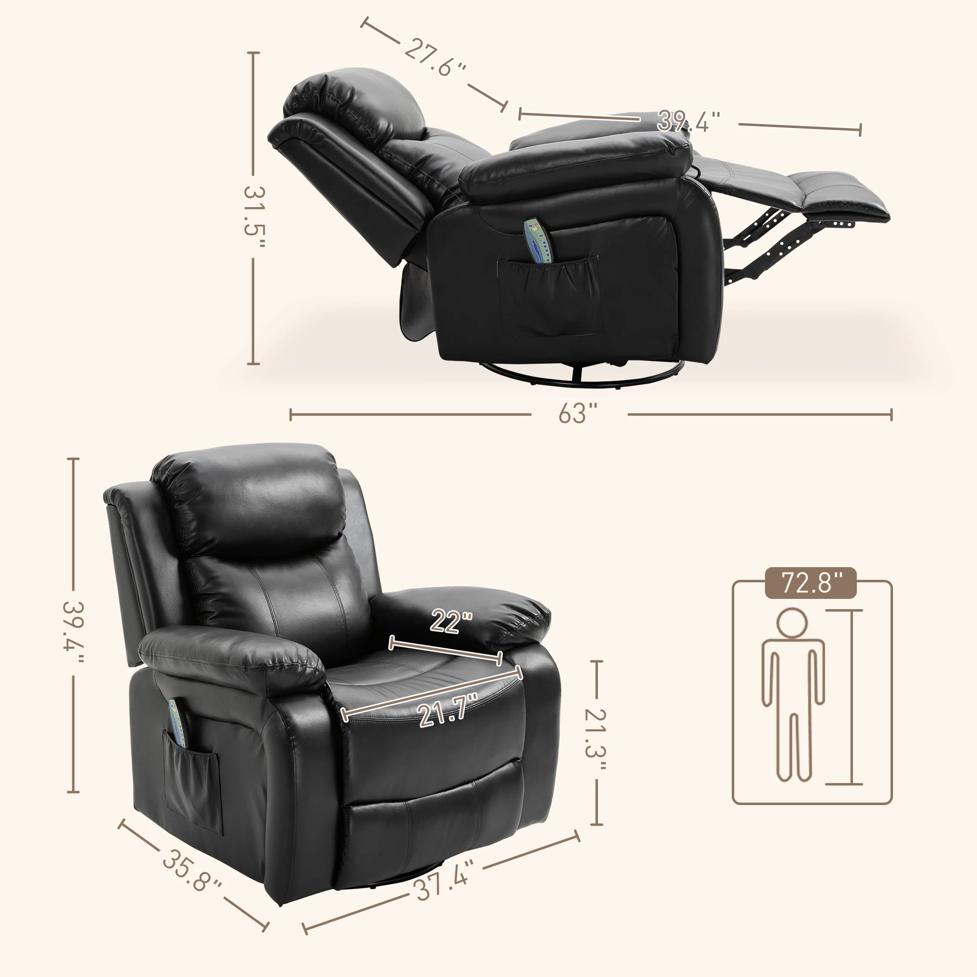 8-Point Vibrating Massage Sofa Manual Rocking Recliner W/Remote Control, Black