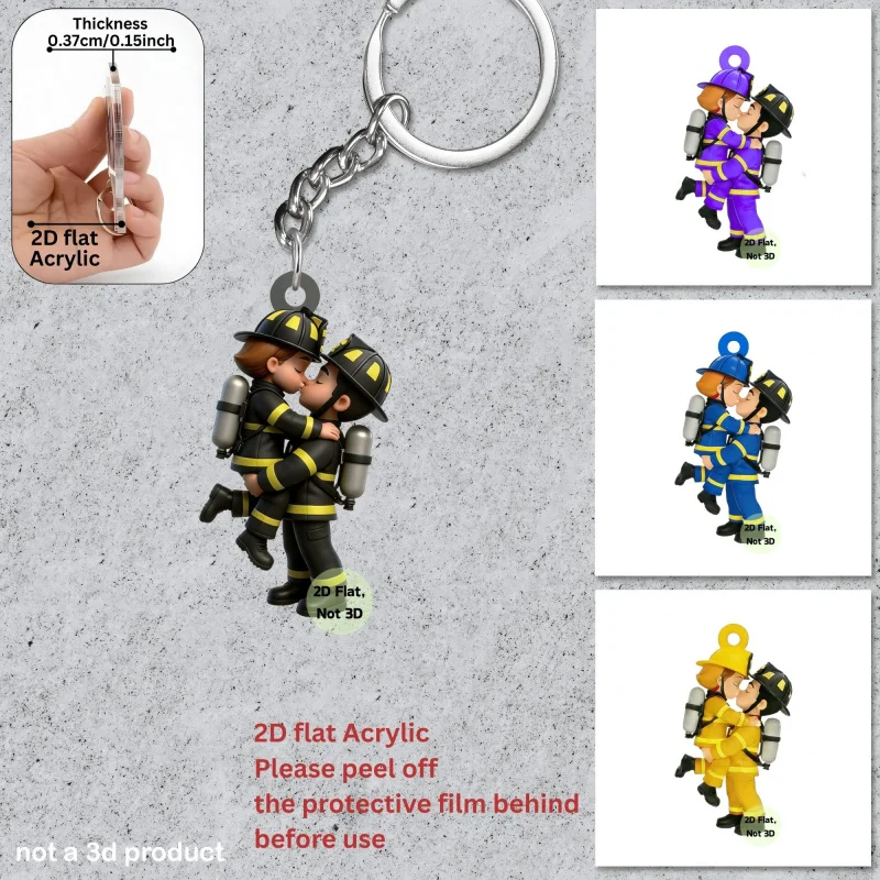 Romantic Couple of Firefighters Keychain 3/4/7pcs 2D Acrylic Pendants Backpacks Cars Accessory Party Gifts for Holiday Birthdays