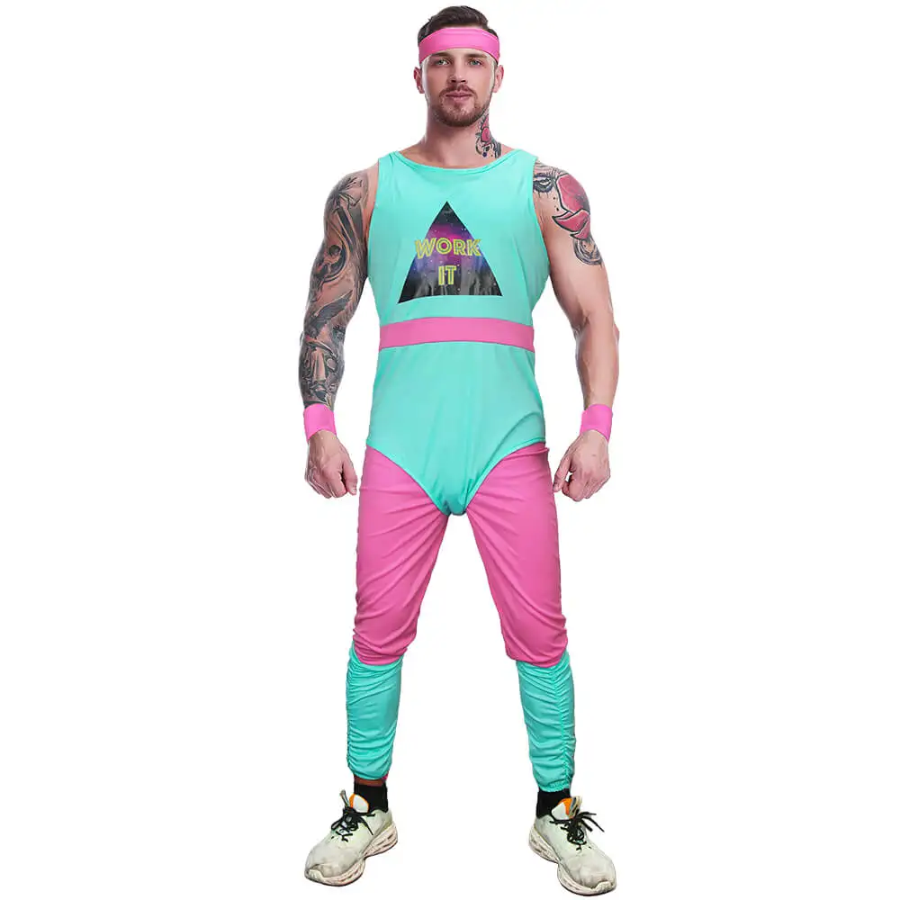 

80s Exercise Fitness Cosplay Costume Mens Gym Retro Fantasia Instructor Jumpsuit Workout Disguise Suit In Stock Takerlama