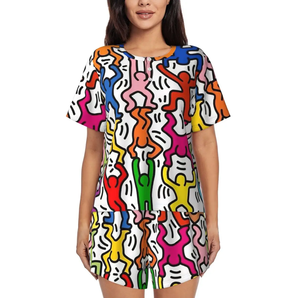 

Ночная рубашка с круглым вырезом и короткими рукавами Keith Harings для сна, женский мягкий пижамный комплект с короткими штанами