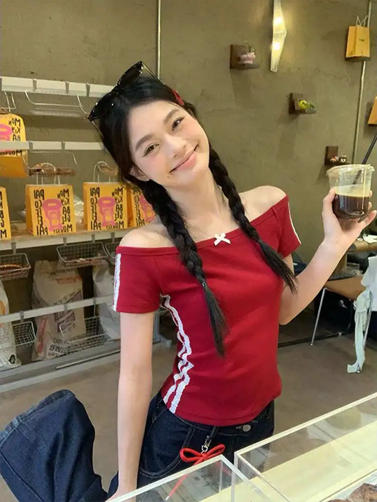 

Американская футболка Sle ort Sve, женская облегающая кружевная полосатая футболка с узлом, красный топ, летнее новое поступление, повседневная футболка для поездок на работу