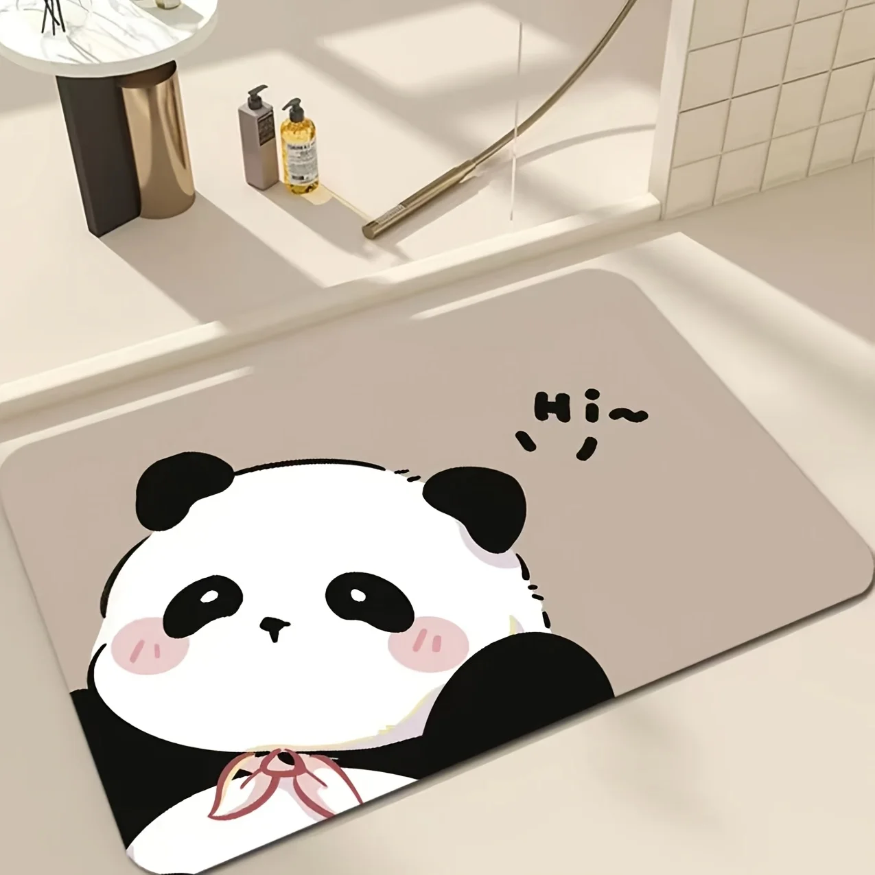 VIKAMA Cute Bow Panda Bathroom Doormat Lovely Cartoon Panda Hi‑word Print Soft Water‑absorbing Non‑slip Household Floor Mat