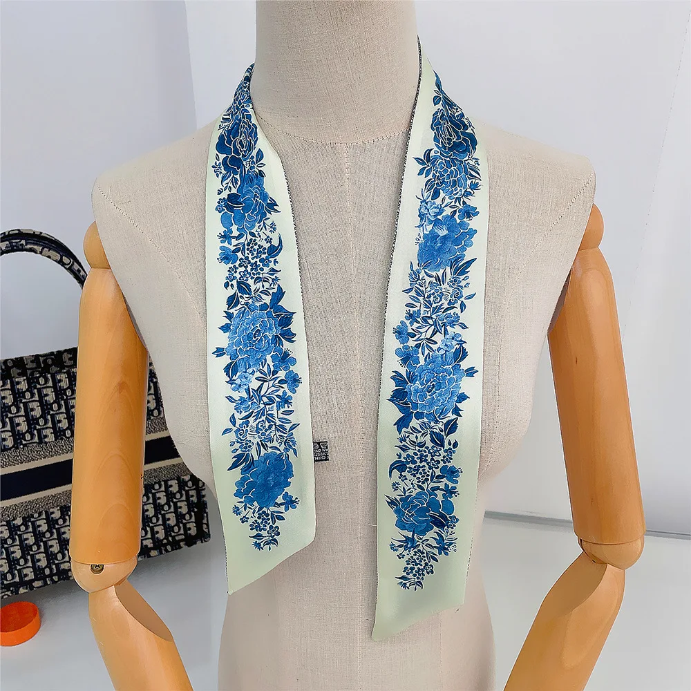 Bufanda pequeña con estampado de flores y Tarot francés para mujer, decoración de doble cara, elegante, con correa de encuadernación, cinta de regalo, bufanda de seda