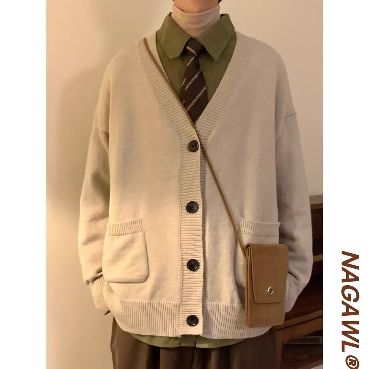 

Cé Brown Knitted Sweater Jaet Men's Loose Fit Korean Sle Spring Faion Trendy Cardigan Polyester Fiber Regular Length