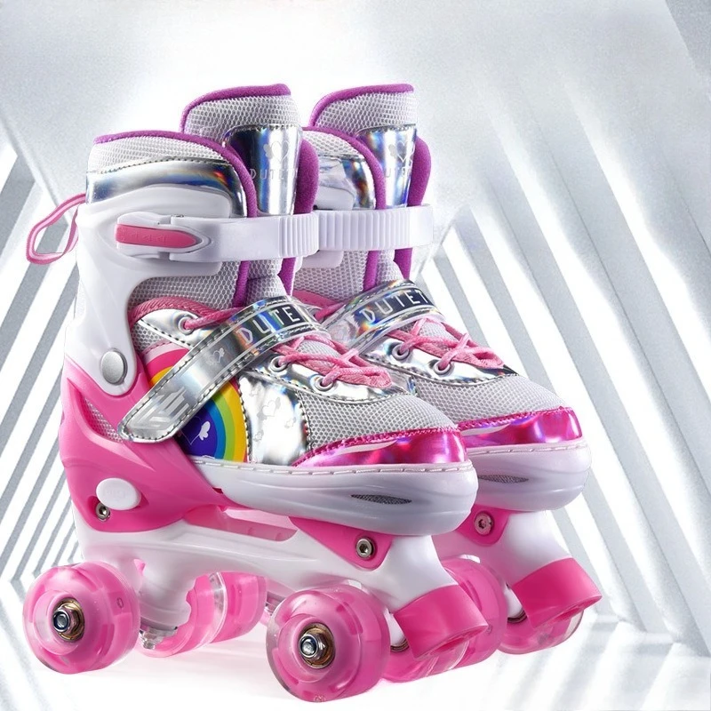 Adjustable Roller Skates with Flashing Wheels, Quad Inline Skate Shoes with Impact-Resistant Shell Breathable Comfort Secure Fit