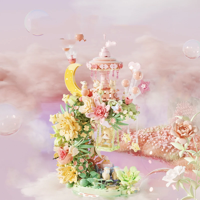 Bunga Kreatif Blok Bangunan Paviliun Bulan Model Figur Batu Bata Figur Kucing Set Konstruksi Mainan untuk Hadiah Anak Perempuan dengan Cahaya