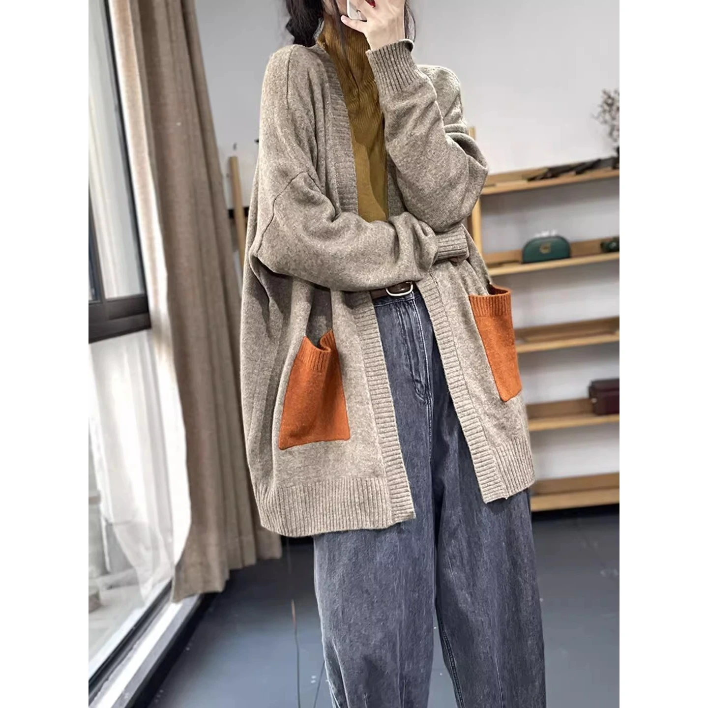 

Autumn Winter Large Size Men's Knitted Cardigan Casual Sle Patchwork Loose Fit Vintage Colored ket Open-irt Sweater