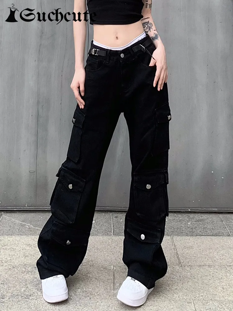 

SUCHCUTE Goth Aesthetic Women Cargo Jeans Low Waist Casual Korean Fashion Black Denim Trousers y2k Hip Hop Streetwear Baggy Pant