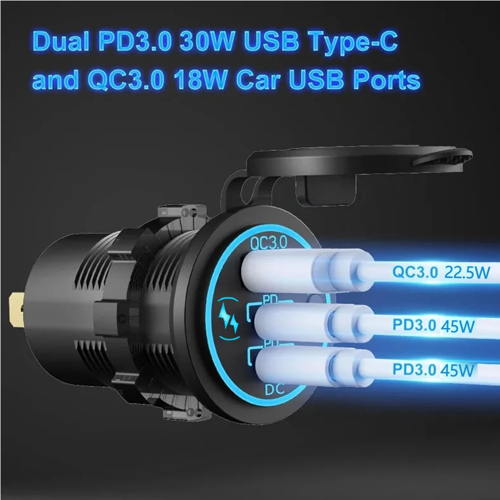 Getyjoe Chargeur Voiture 12V 90W Double PD3.0 Type C & QC3.0 USB A Avec Interrupteur - Étanche LED Bleue